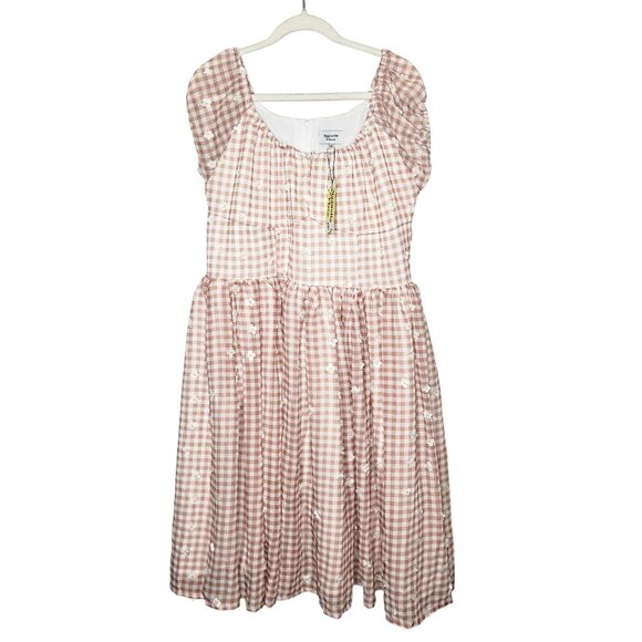 Gingham Checkered Midi Dress Flowers Magnolia Place XXL Short Puff Sleeve Zipper - Picture 1 of 10